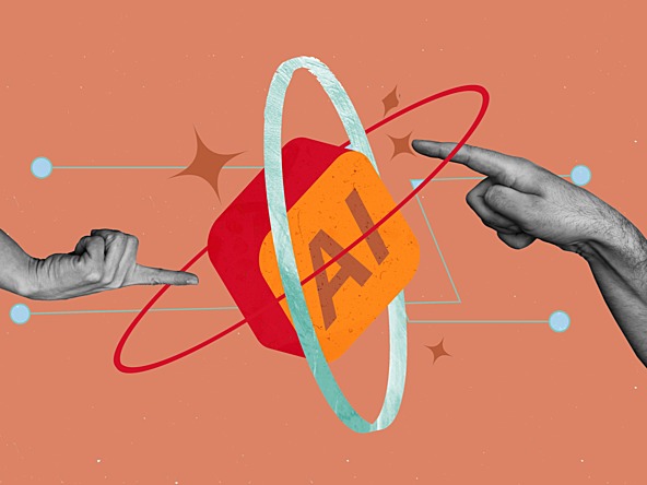 AI graphic surrounded by rings and two hands, on a pale orange background 